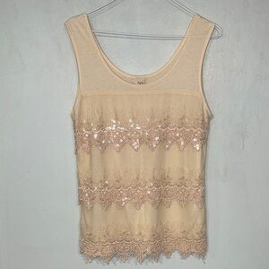 Daytrip Sleeveless Scoop Neck Tank Creme Lace Sequined Top Women’s Size Large